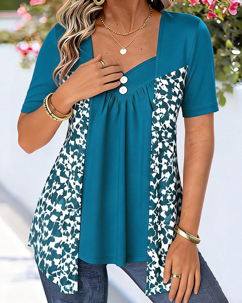 Top Udający Dwuczęściowy Patchwork Z Nadrukiem Krótki Rękaw