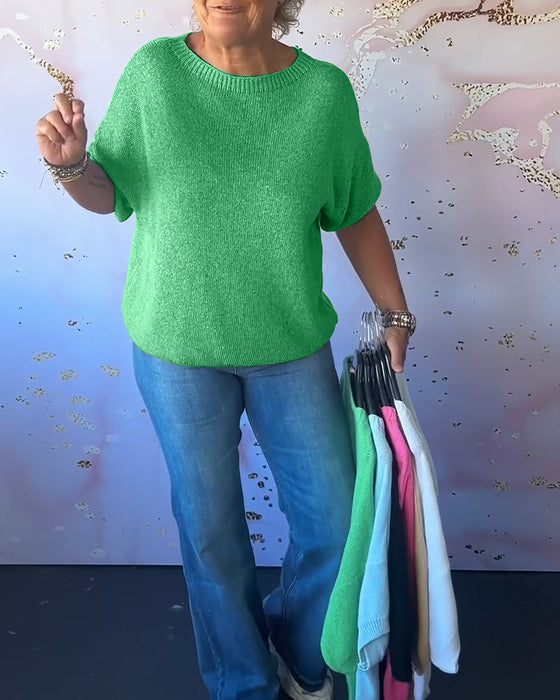 Luźny jednokolorowy swobodny sweter z okrągłym dekoltem