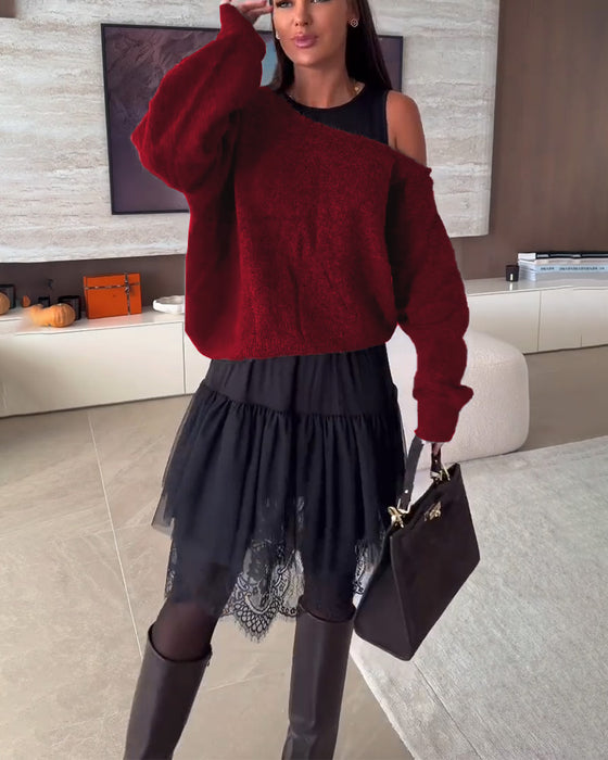 Off-Shoulder Luźny Sweter & Koronka Brzeg Sukienka