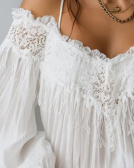 Top Na Ramiączkach Typu Off-The-Shoulder Z Koronką I Frędzlami