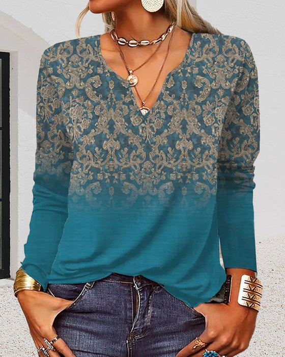 Top z długim rękawem z dekoltem w szpic i nadrukiem