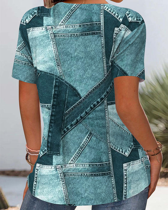 Bluzka Vintage Denim Kontrastowa Wycięcie