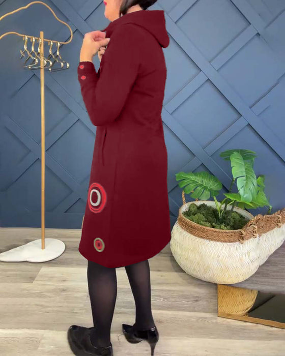 Sukienka swobodna z kapturem i zamkiem błyskawicznym w kształcie koła