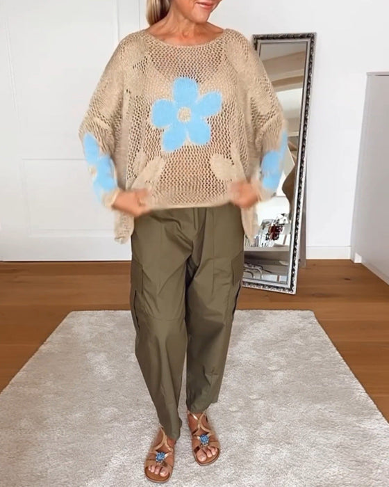 Sweterek z długim rękawem i okrągłym dekoltem w kwiaty