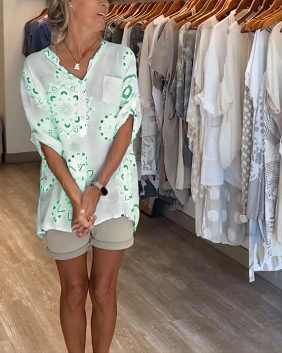 Bluzka Uniwersalna Dekolt W S Nadruk Połdługie Rękawy