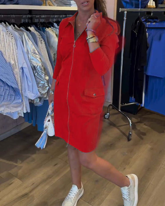 Sukienka Kołnierz Jednokolorowy Zamek Długi Rękaw