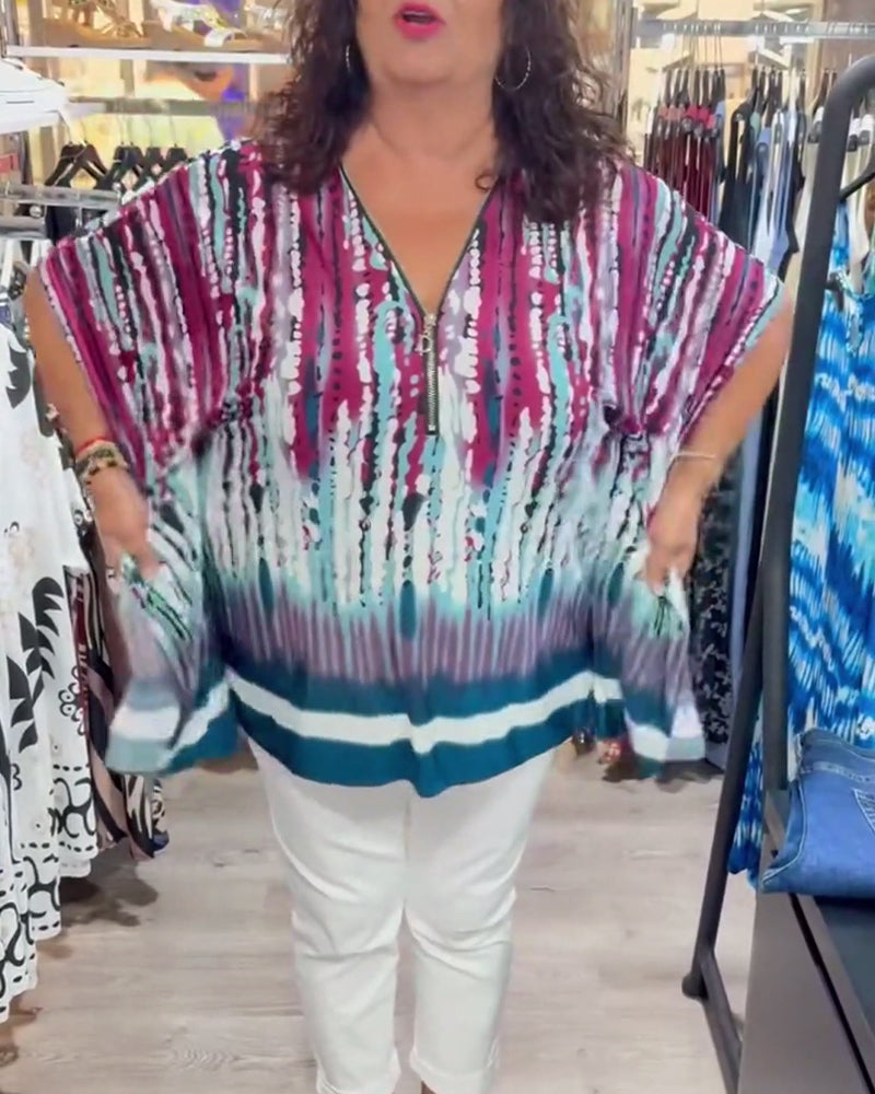 Top Tie-Dye Dekolt W Serek Zamek Z Przodu Nietoperzowy Rękaw