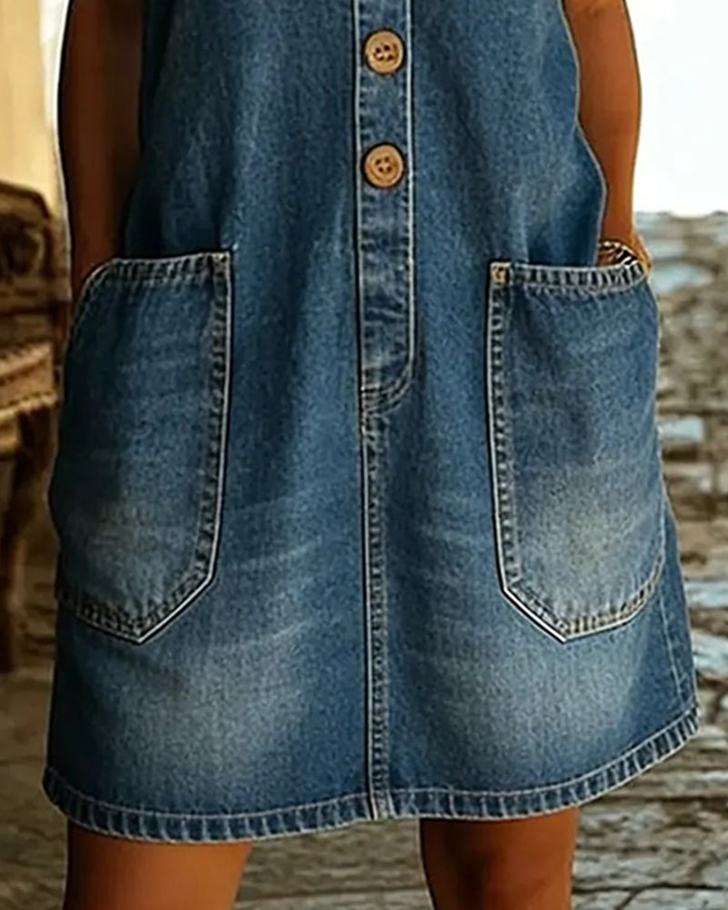 Sukienka Swobodna Kieszeń Kamizelka Dżinsowa