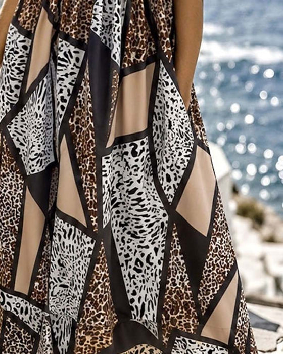 Sukienka Geometryczny Patchwork Lampart Pełna Spódnica Maxi