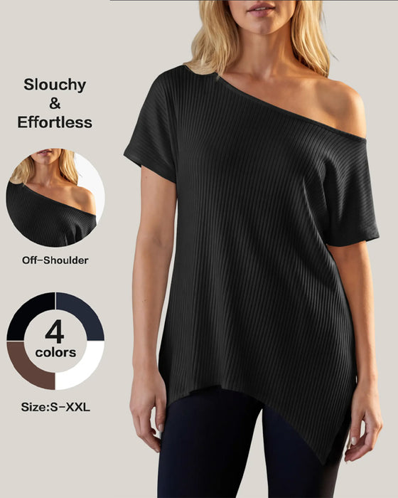 T-Shirt Nieregularny Off-Shoulder Krótki Rękaw Żebrowany