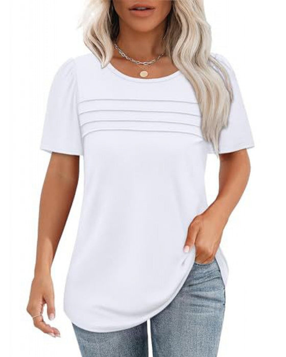 T-Shirt Plisowany Luźny Okrągły Dekolt Krótki Rękaw