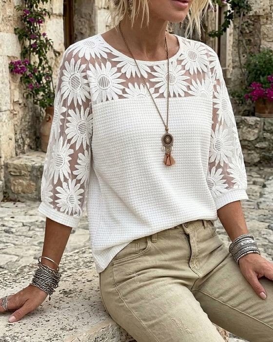 T-Shirt Okrągły Dekolt Koronka Wafel Patchwork