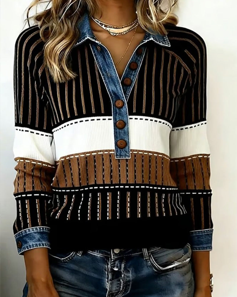 Uniwersalna Bluza Color-Block Z Kołnierzem Na Guziki