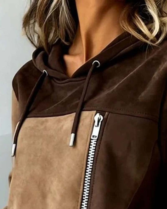 Hoodie Z Kapturem Sznurek Kontrast Zamek Błyskawiczny