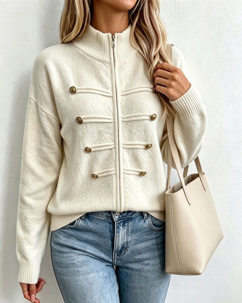 Cardigan Kołnierz Mandarynka Moda Zamek Błyskawiczny Dzianinowy