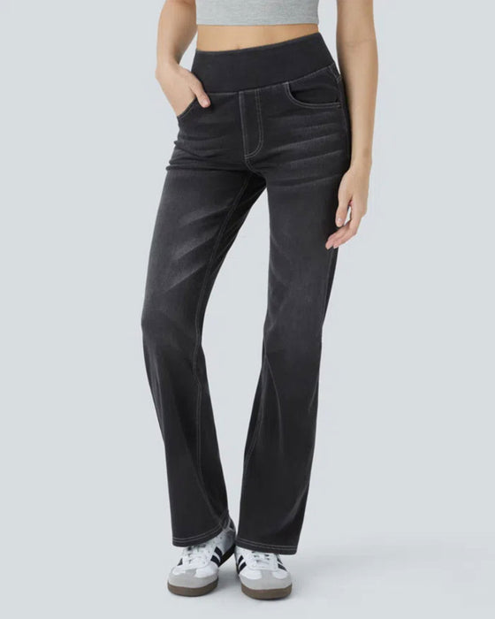 Spodnie Wysoki Stan Denim Kieszeń Dzwony