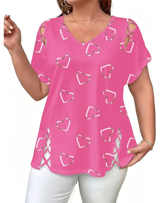 T-Shirt Wzór Serce Ażurowy Krótki Rękaw