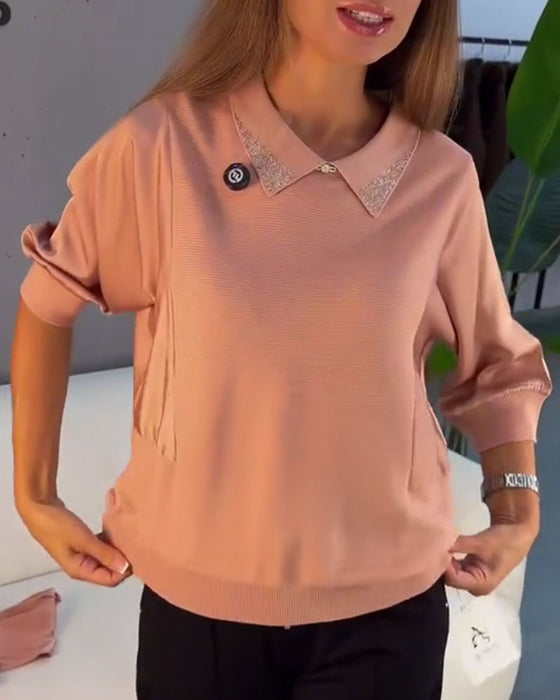 Pullover Klapa Długość Do Łokcia Rękaw Dzianinowy Eleganck