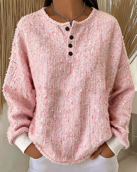 Bluza Tweed Kołnierz Henley Zapięcie Na Guziki