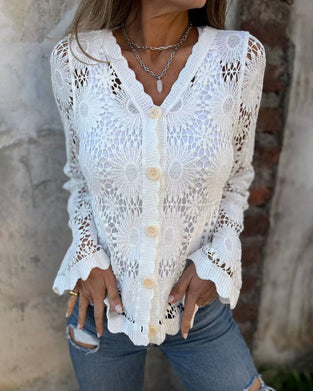 Kardigan Koronka Dekolt V Długi Rękaw