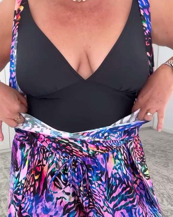 Strój Kąpielowy V-Neck Kolorowy Wzór Jednoczęściowy