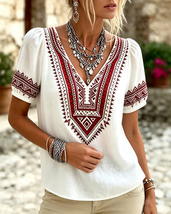 Bluzka V-Szyja Bohemian Bąbelkowe Rękaw