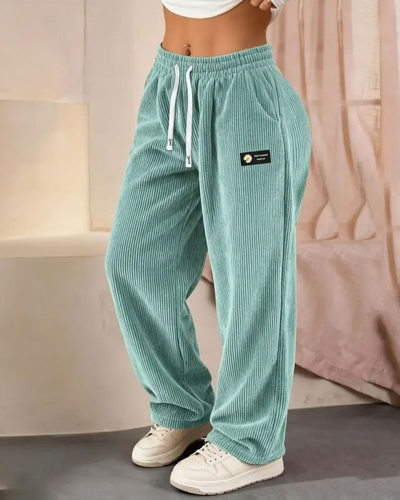 Spodnie Pionowy Sztruks Sznurek Szeroka Noga Casual