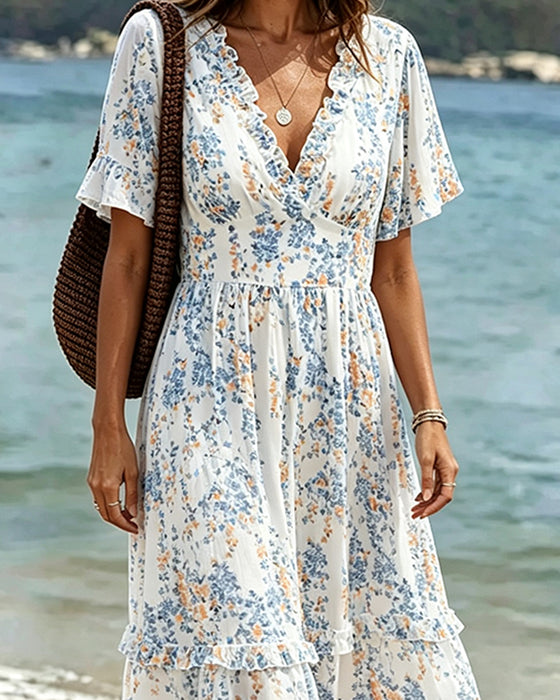 Sukienka Kwiatowy Ruffle V-Szyja Patchwork
