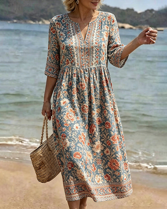 Sukienka Mini V-Szyja Kwiatowy Patchwork