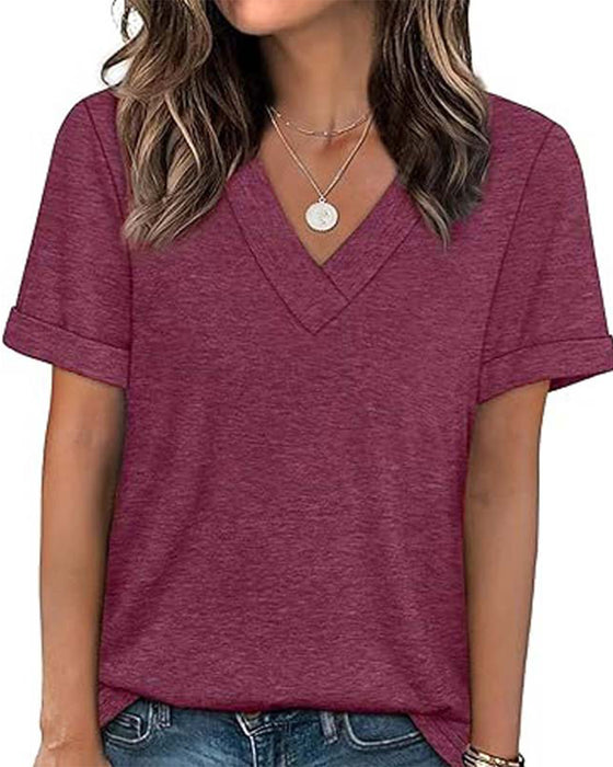 T-Shirt Jednokolorowy Dekolt W Kształcie Litery V Casual Krótki Rękaw