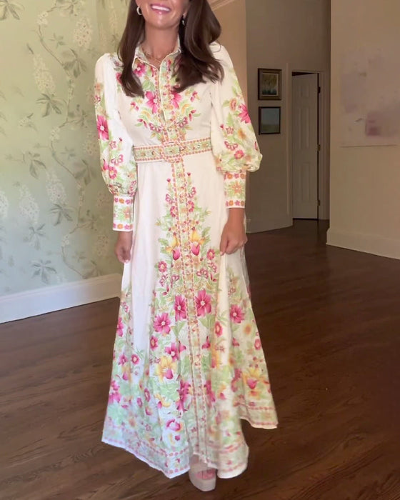 Elegancka sukienka maxi z długimi rękawami i kwiatowym nadrukiem