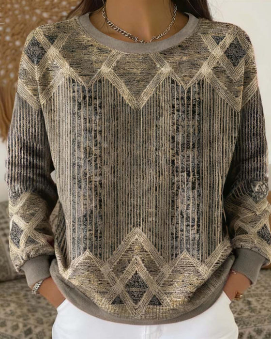 Retro Drukowany Sweter Z Okrągłym Dekoltem
