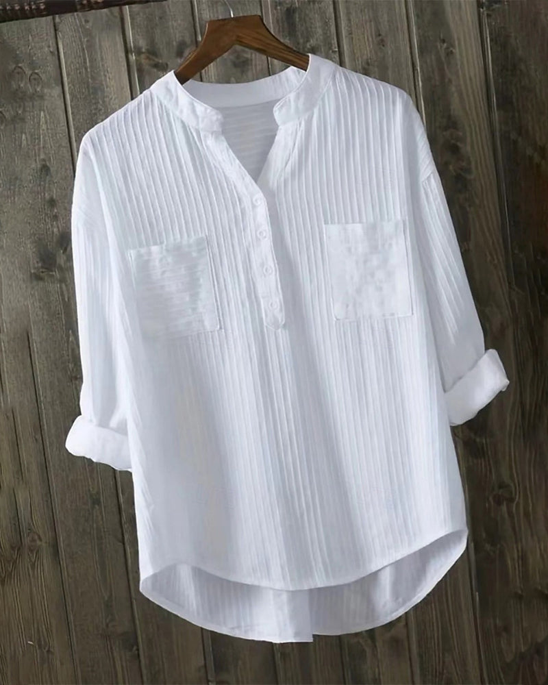 Koszula Pionowy Wafel Henley Kołnierz Podwójna Kieszeń