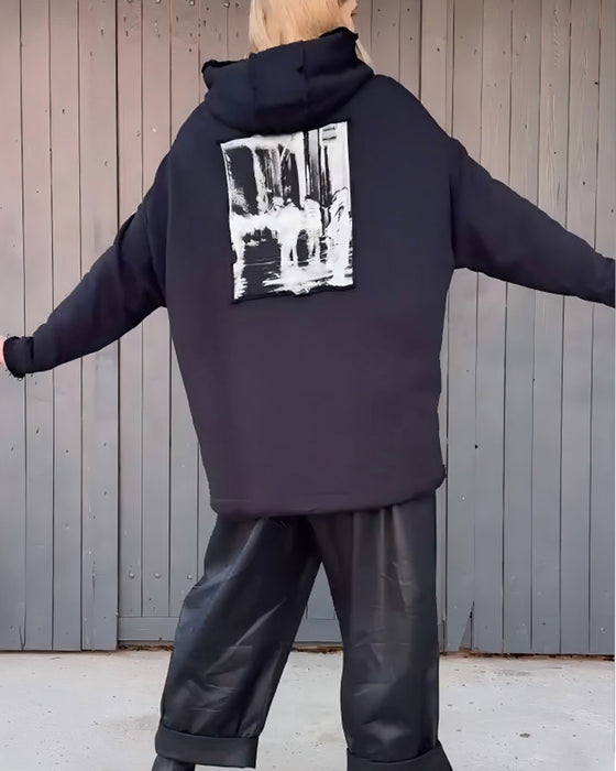 Hoodie Litera Druk Luźny Długi Rękaw Pullover