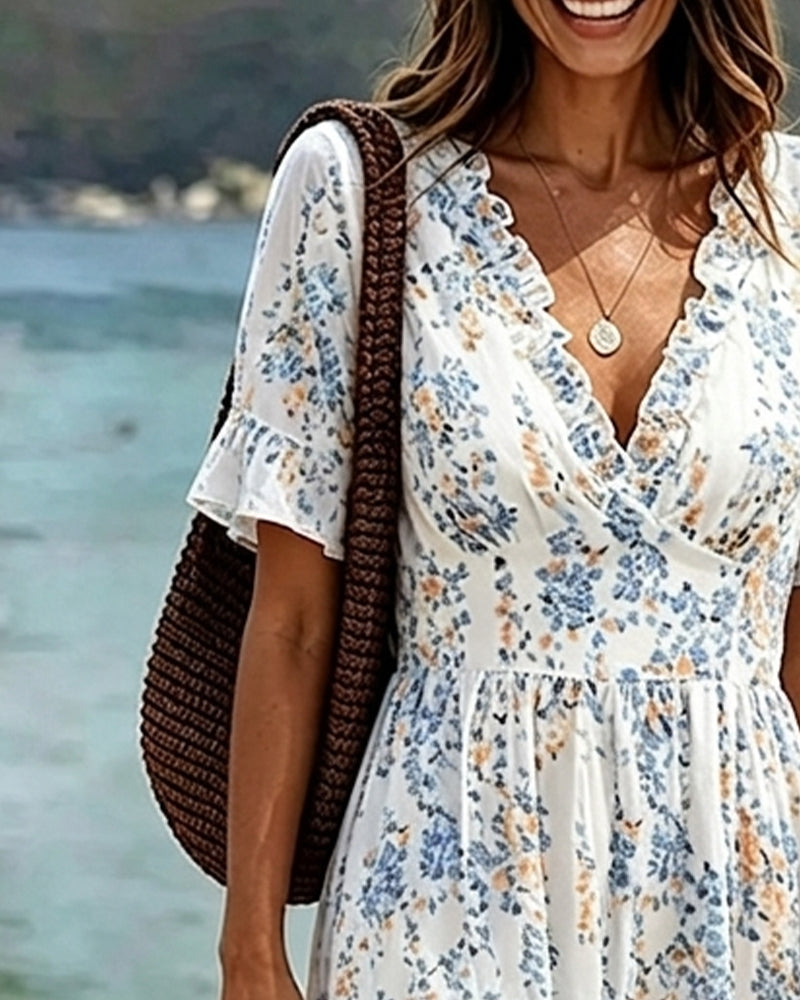 Sukienka Kwiatowy Ruffle V-Szyja Patchwork