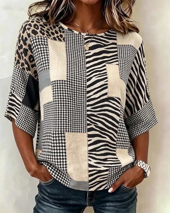 Bluzka Okrągły Dekolt Patchwork Krata Lampart