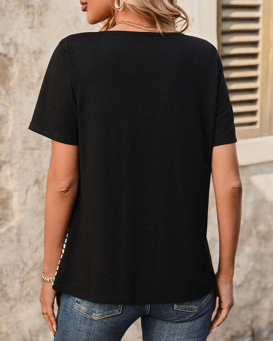 T-Shirt Casual Pasiasty Kontrastowy Kolor