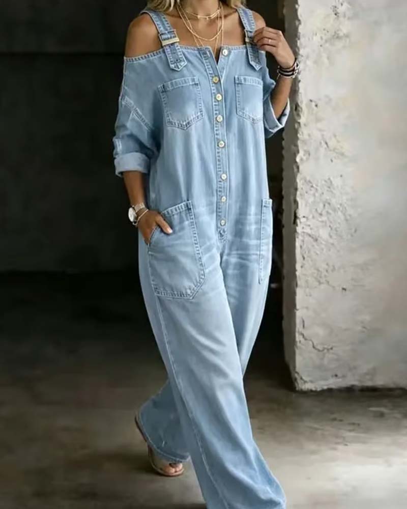 Jumpsuit Ramiączko Spaghetti Odkryte Ramię Szeroka Noga Denim