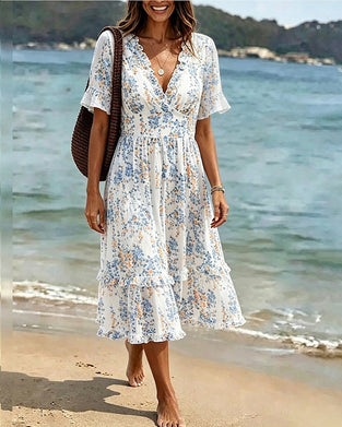 Sukienka Kwiatowy Ruffle V-Szyja Patchwork