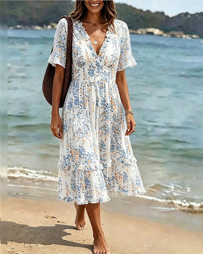 Sukienka Kwiatowy Ruffle V-Szyja Patchwork