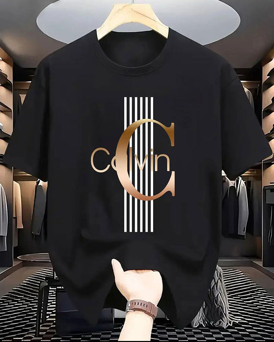 T-Shirt Litera Pionowy Pasek Nadruk Krótki Rękaw