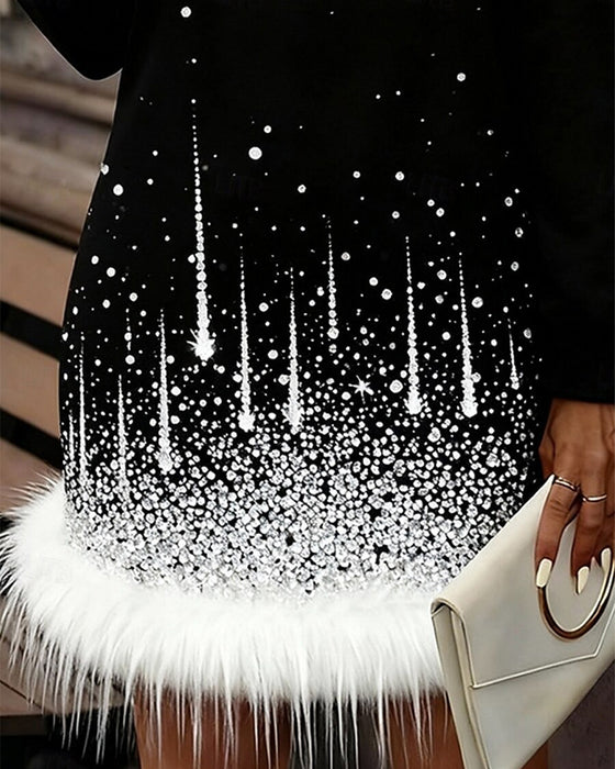 Sukienka z pluszowym patchworkowym dołem i okrągłym dekoltem