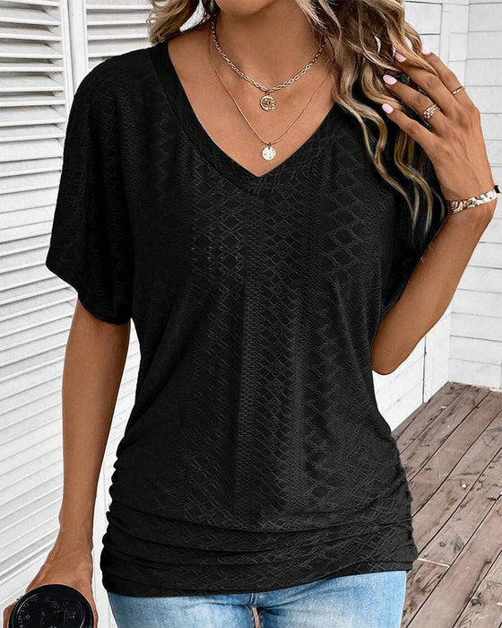 T-shirt Dekolt W Serek Jednokolorowy Casual