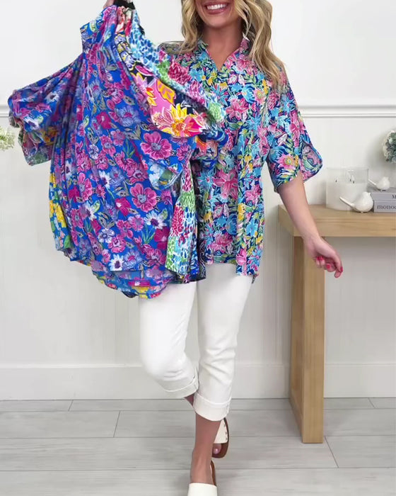 Top Tropikalny Kwiatowy Krótki Rękaw