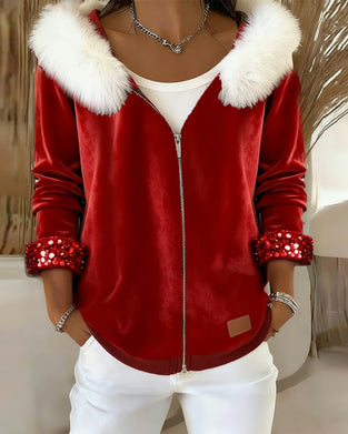 Płaszcz Kaptur Futrzany Kołnierz Aksamit