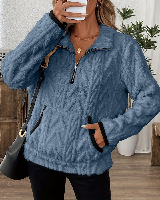Bluza Z Klapami Zipper Przód Welurowy