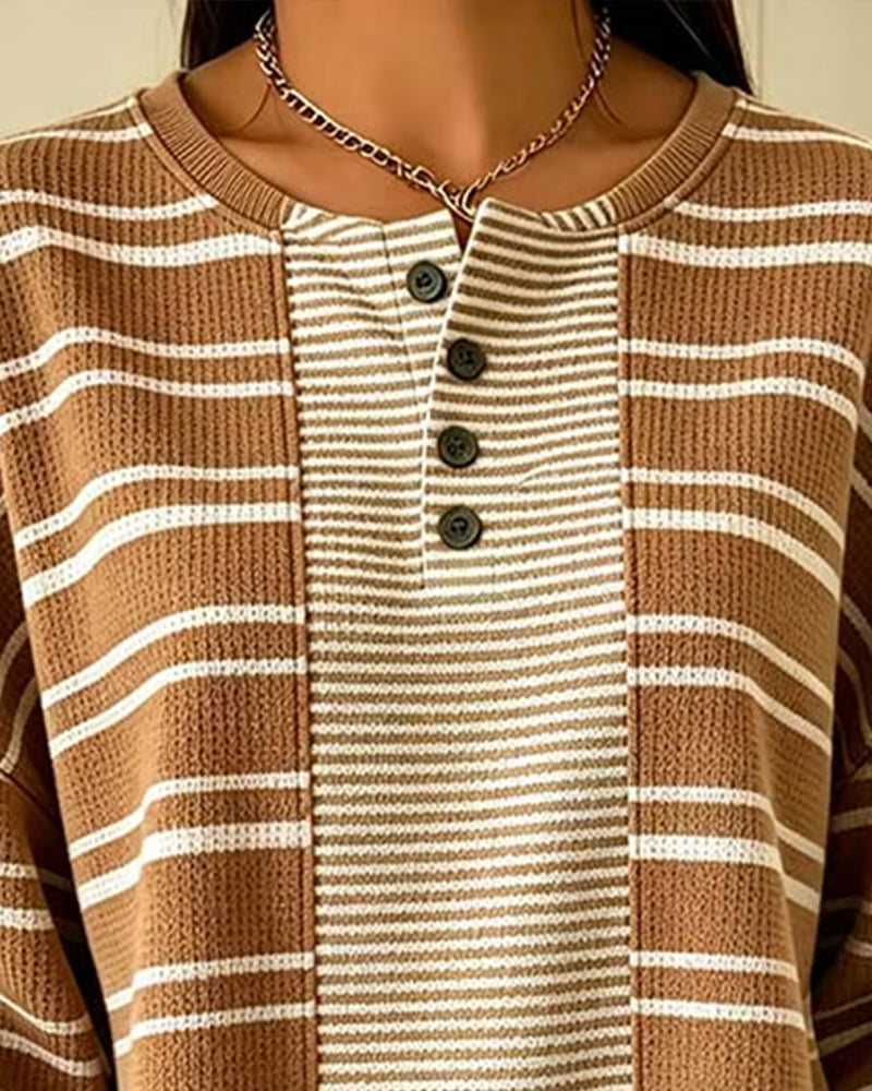 Sweatshirt W Paski Patchwork Długi Rękaw Henley