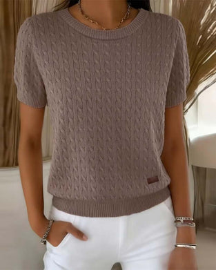 Sweter Okrągły Dekolt Krótki Rękaw Jednokolorowy Casual