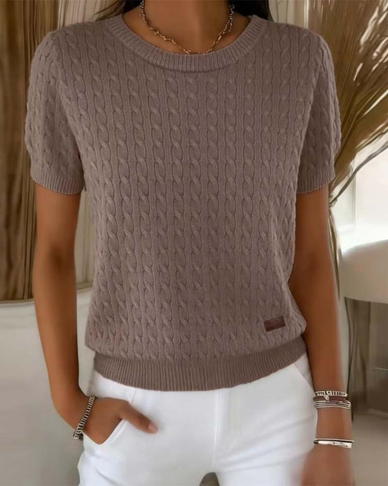 Sweter Okrągły Dekolt Krótki Rękaw Jednokolorowy Casual