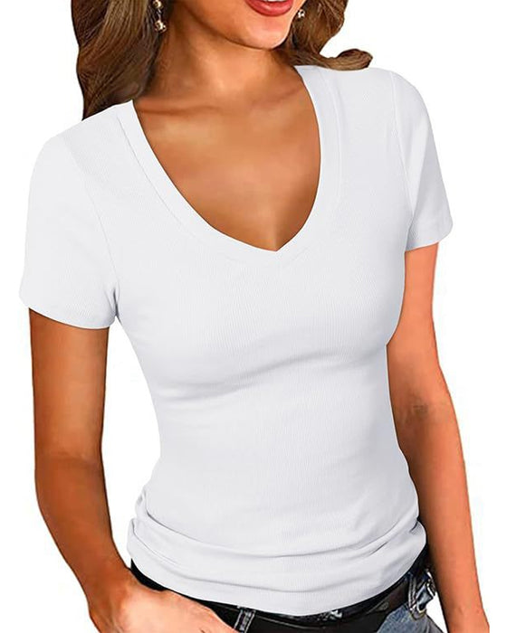 T-Shirt Żebrowany Slim Fit Dekolt W Kształcie Litery V Krótki Rękaw